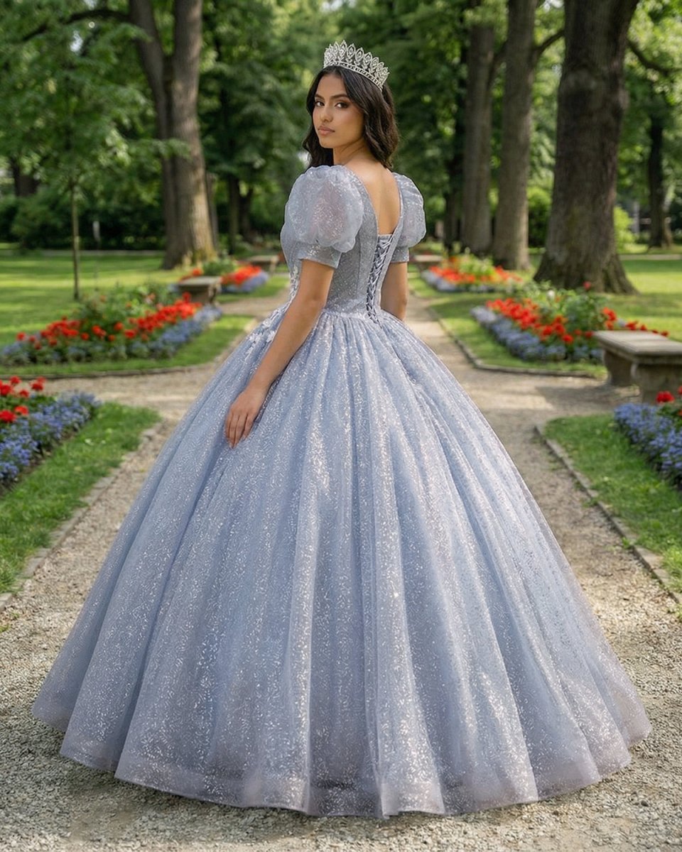 Quinceanera Dress V Neck Tulle Sequin Gray Blue Long Prom Dress - KissProm