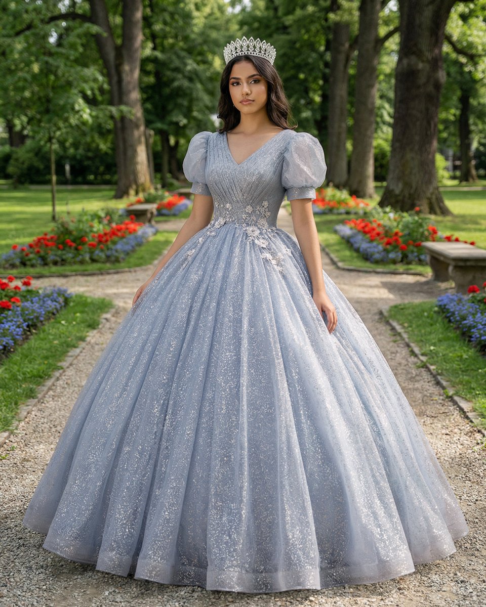 Quinceanera Dress V Neck Tulle Sequin Gray Blue Long Prom Dress - KissProm