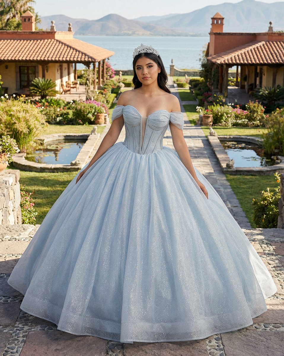 Light Blue Off the Shoulder Tulle Princess Long Corset Quinceanera Dress with Bow - KissProm