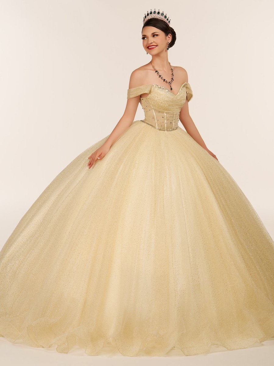 Yellow Ball Gown Tulle Off - the - Shoulder Quincenara Dresses - KissProm